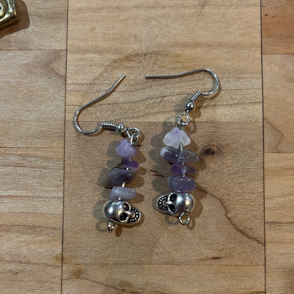 Silver and Amethyst Skull Dangle Earrings